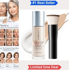 Color Changing Foundation with Brush for Mature Skin Buildable Coverage 12 Hour