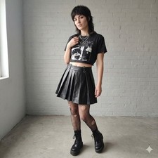 Forever 21 Skirt Womens XS Black Faux Leather Pleated Mini Skirt D-Ring Alt Goth
