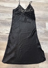 Vintage 90s LA Intimates Maxi Nightgown Lace Satin Black Long Dress Size Large