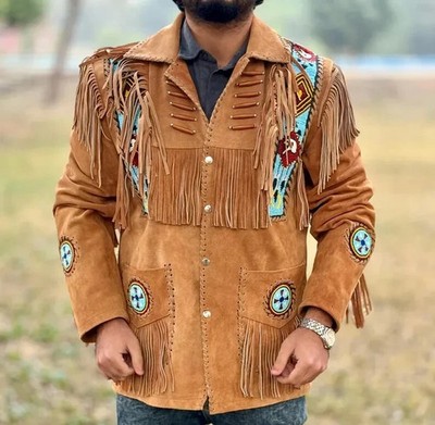 Men Native American Western Cowboy Suede Leather Jacket Fringe & Beaded Coat