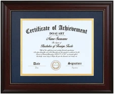 DOAI ART 8.5x11 Diploma Frame Mahogany w/Blue Mat - Display 8.5x11 or 11x14
