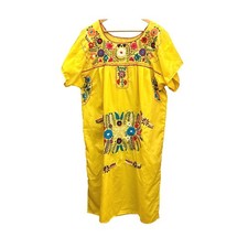 Vintage Mexican Huipil Dress Boho Embroidered Folk Floral Kaftan Yellow Folk Art
