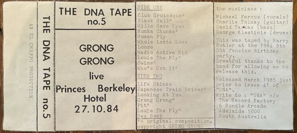 Grong Grong - Live Princes Berkeley Hotel (Cassette USA 1987 VG+/VG+) Punk - Image 4 of 4