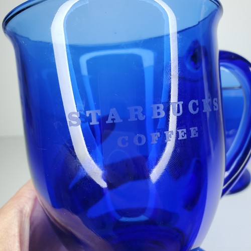 Starbucks Coffee Set of 2 Cobalt Blue Etched Glass Mugs 16 oz Anchor Hocking - Picture 3 of 11