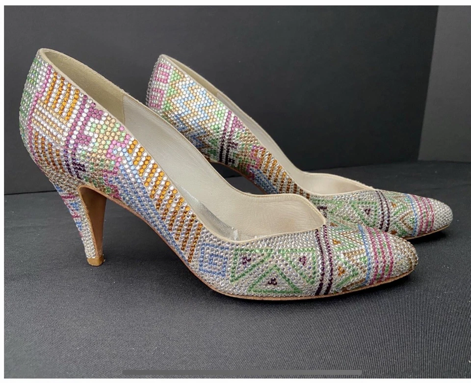 Stuart Weitzman 限量珠宝钱包和鞋子 70 年代 80 年代 Glam Rock 婚礼 7.5 — 第 2/4 张图片