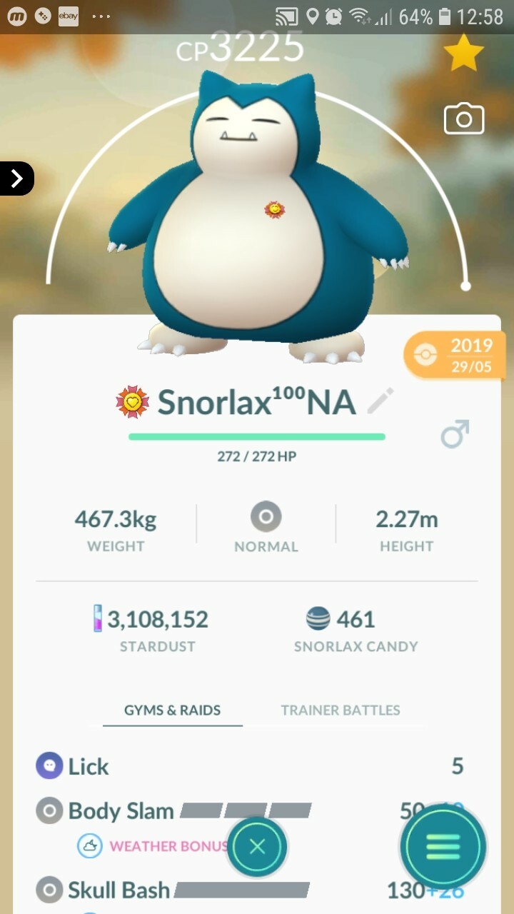 Snorlax ( Level 40 ) ( Two Charged Moves ) Pokemon Tr@de Go