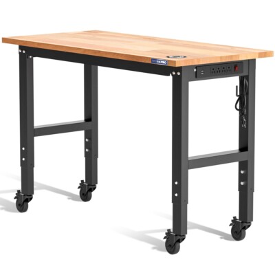WORKPRO Garage Workbench 48''X22'' Adjustable Workbench with Wheel Rubber Wood Top