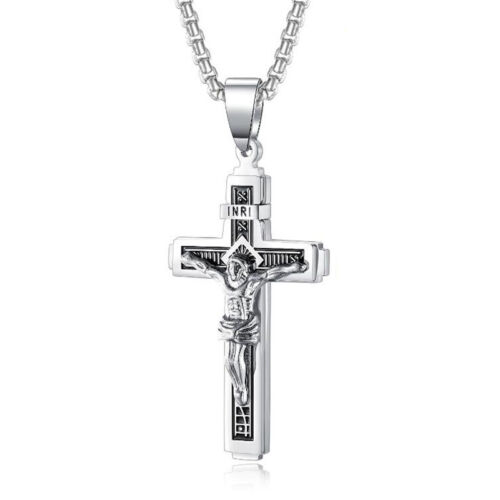 Women Men Stainless Steel Jesus Christ Crucifix Cross Pendant Necklace 24" New - Afbeelding 1 van 6