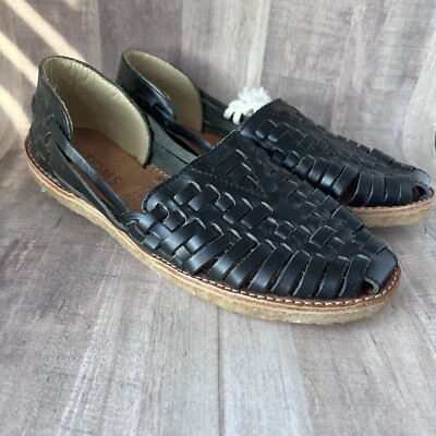 TOMS Women's Size 5 Huarache Slip On Flat Sandals Black Leather Hand Woven NWOB
