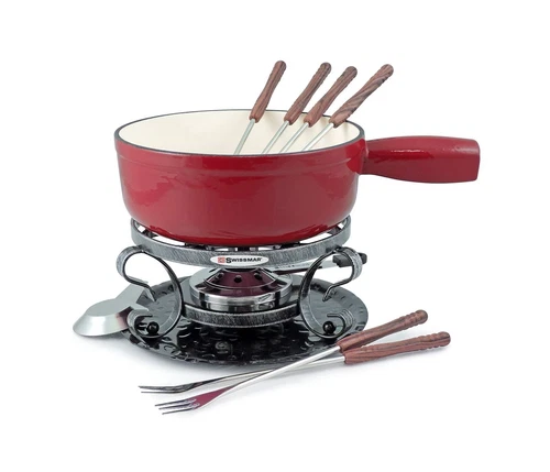 KF-66517 Lugano 2-Quart Cast Iron Cheese Fondue Set, 9-Piece, Cherry Red