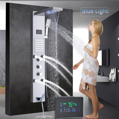 Columna Ducha Sin Grifo Sistema De Ducha VEVOR Panel Torre Y Cabezal Cascada - Acero Inoxidable, 5 Funciones, 2 Chorros Corporales, Plata 1345x200x460 Mm Duchas De Baño