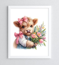 Cow Art Print, Highland Cow With Pink Bows Art Print, Farmhouse Wall Art Decor