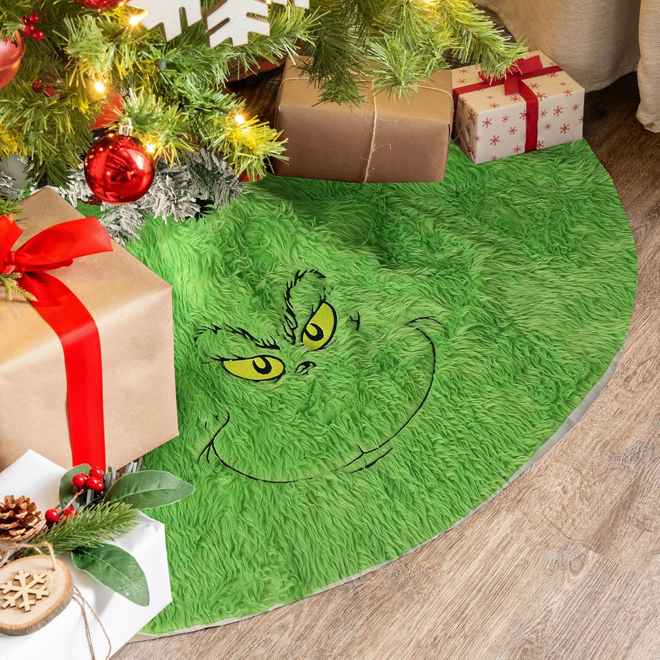 Green Christmas Tree Skirt, 48 Inch Xmas Tree Skirt, Faux Fur Plush