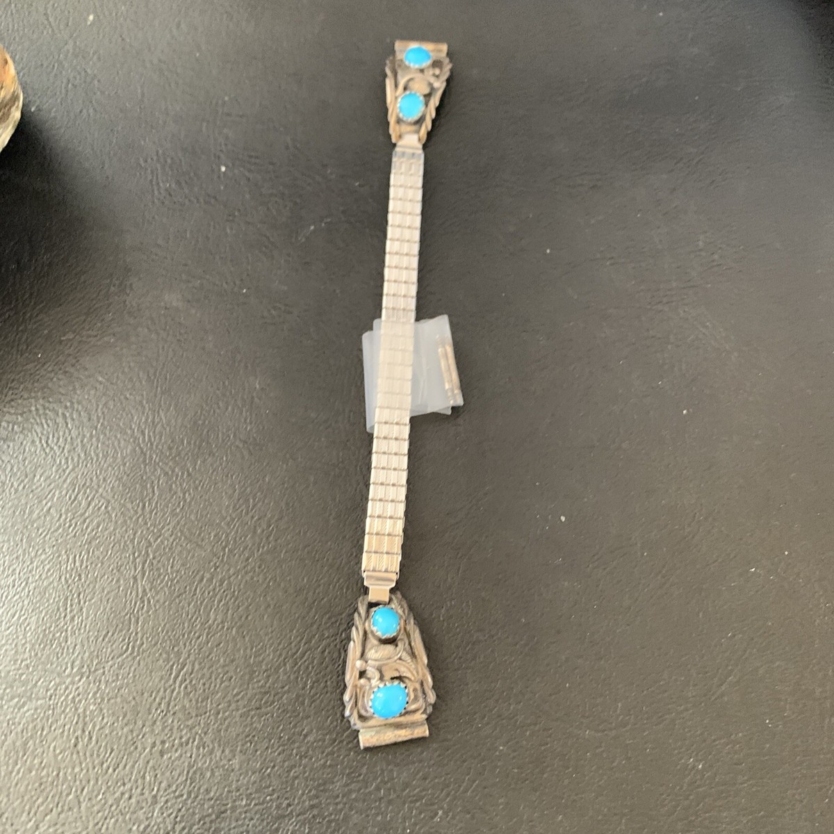 Very Old Navajo Sterling Silver Watch Tips Old Pawn Blue Turquoise Inlay Item #1031H- Women main image 2
