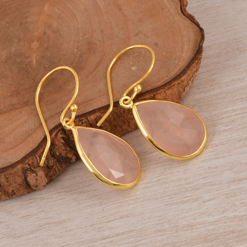 Pendientes colgantes de cuarzo rosa enchapados en oro de 18 quilates de plata de ley 925 joyería Foto 4 de 4