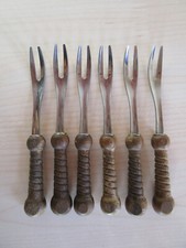 6 x Partygabel Cocktailgabel - Beram - Edelstahl und Holz - ca. 1970er - TOP!