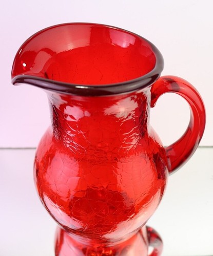 Hand Blown Large Pitcher Ruby Red Crackle Glass 9.5 " Tall 76 oz - Picture 10 of 11