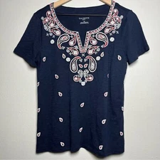 Talbots Women Top Medium Petite Navy Blue Beaded Split Neck Paisley Art Red