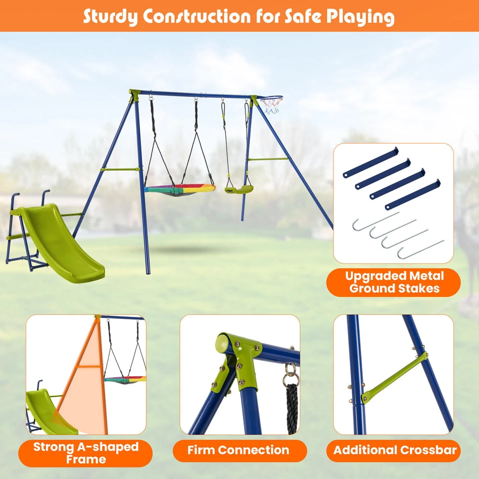 4-in-1 Outdoor Kids Swing Set Heavy-Duty Backyard Metal Playset with Slide - Image 4 of 4