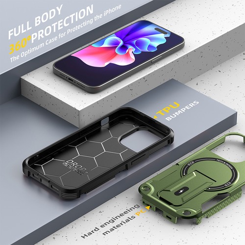 For iPhone 16 15 14 13 12 Pro Max 11 Rugged Stand Magnetic Case Detachable Strap - Photo 25 sur 47