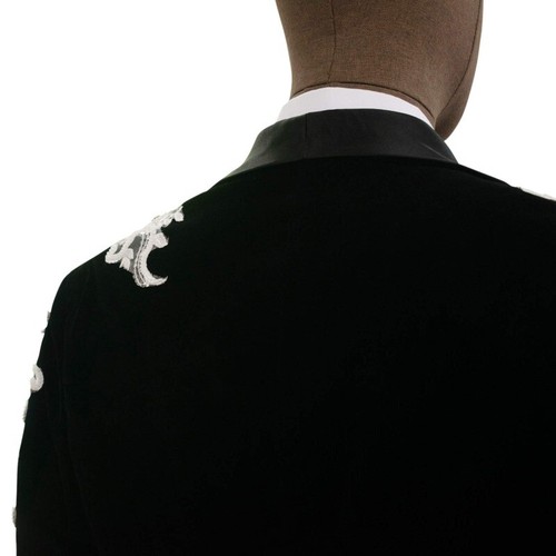 Men's Black Velvet Suit Jacquard Rhinestone Fashion Design Casual Party Blazer - Picture 6 of 22