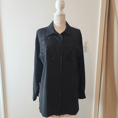 Vintage Nancy Crystal Black Beaded Blouse Button Front Long Sleeve Sz M