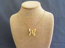 Dimensional Butterfly Necklace Clear Rhinestone Gold Tone Metal Pendant Chain