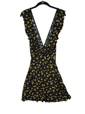 Reformation Womens S Black Yellow Floral Mini Dress Ruffle Deep V Made USA *FLAW