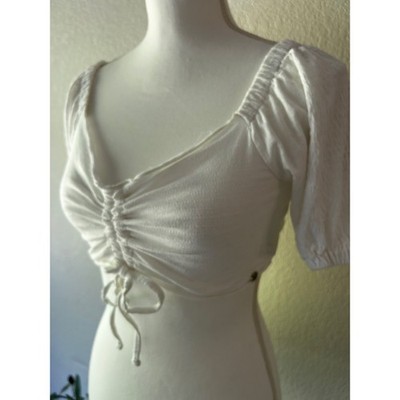 Roxy Womens White Ruched Front Crop Top Soft Cotton Puff Sleeve Small
