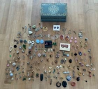 Lot of VTG Costume Jewelry Earrings Pins Pendents Woodward's Trinket Tin