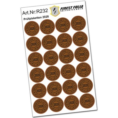 24x Prüfplakette Jahr 2028 Prüfsiegel Braun Ø 24mm Aufkleber Plakette UVV R232