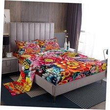 Boho Floral Fitted Sheet for Bedroom,Bright Blossom Bed Sheet Queen Multi 13