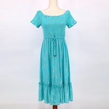 Michael Kors Women Turquoise Foil Off The Shoulder Smocked Midi Dress Size L