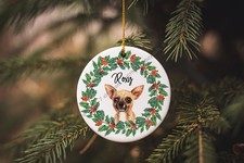 Chihuahua Dog Ornament - Custom Chihuahua and Holly Wreath - Custom Pet Ornam...