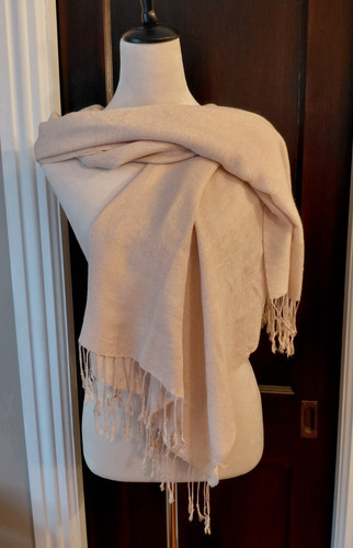 Pashmina Shawl / Wrap Neutral Cream, Brocade, 70% Pashmina, 30% Silk, 70"x27.5"