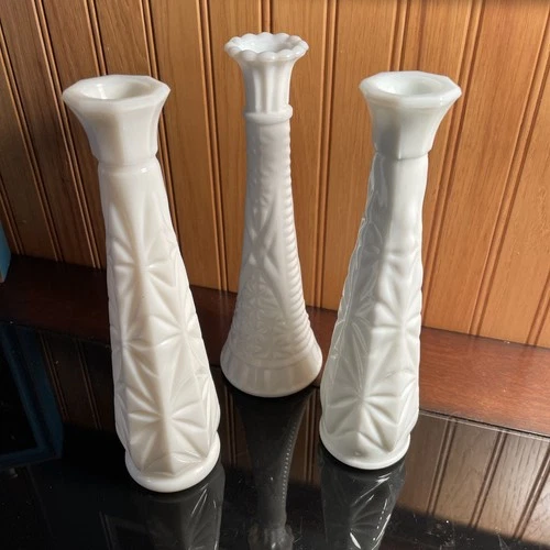 Lot If 3 Vintage white Milk Glass Bud Vases 9”  Wedding Bridal Shower Spring