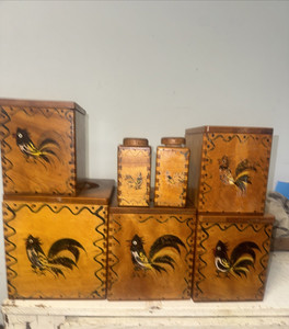 Woodpecker Woodware Rooster 5 piece Wooden Canister Set & Salt & Pepper Shakers