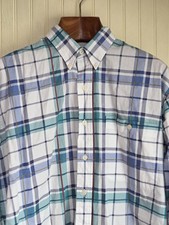 Chaps Ralph Lauren Shirt Mens 16 32-33 White Blue Plaid Button Down LS Cotton