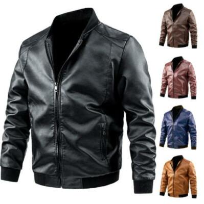 Men's Eco Leather Coat Motor Jacket Casual Slim Fit Warm Stand Collar Oversize