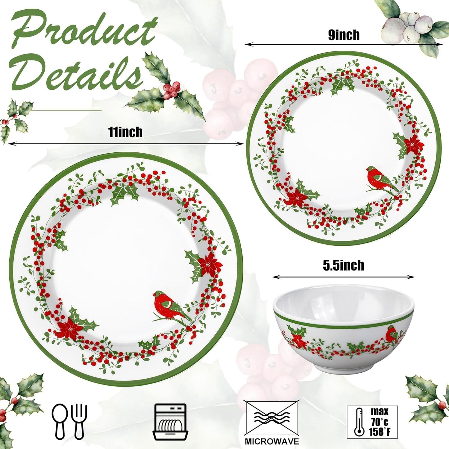 Red Cardinals, Holly and Berries Dinnerware 12 piece Melamine Set 11" Plates NEW