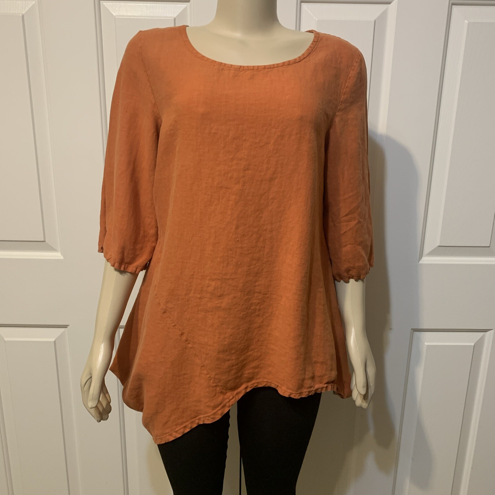 Bryn Walker Top Women Small Orange Asymmetrical Hem 100% Linen Oversized (EG)