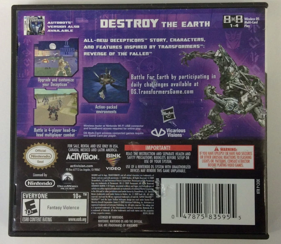 Nintendo DS Transformers: Revenge of the Fallen w/ Box and Manual 0852 SP - Image 2 of 4