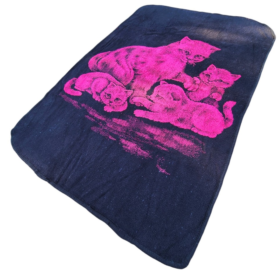 Vtg San Marcos Blanket Mother Cat Kittens Black Pink Reversible 84" x