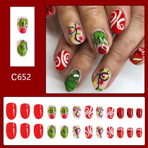 Christmas Press on Nails Short Christmas Fake Nails Oval Petite Nails Red Q7 - Picture 6 of 7