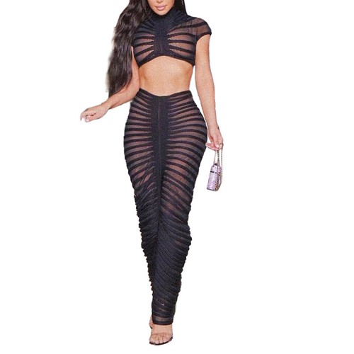 Sexy 2 Piece Outfits for Women Mesh Short Sleeve Crop Top Bodycon Maxi Skirt Set - Picture 19 of 29