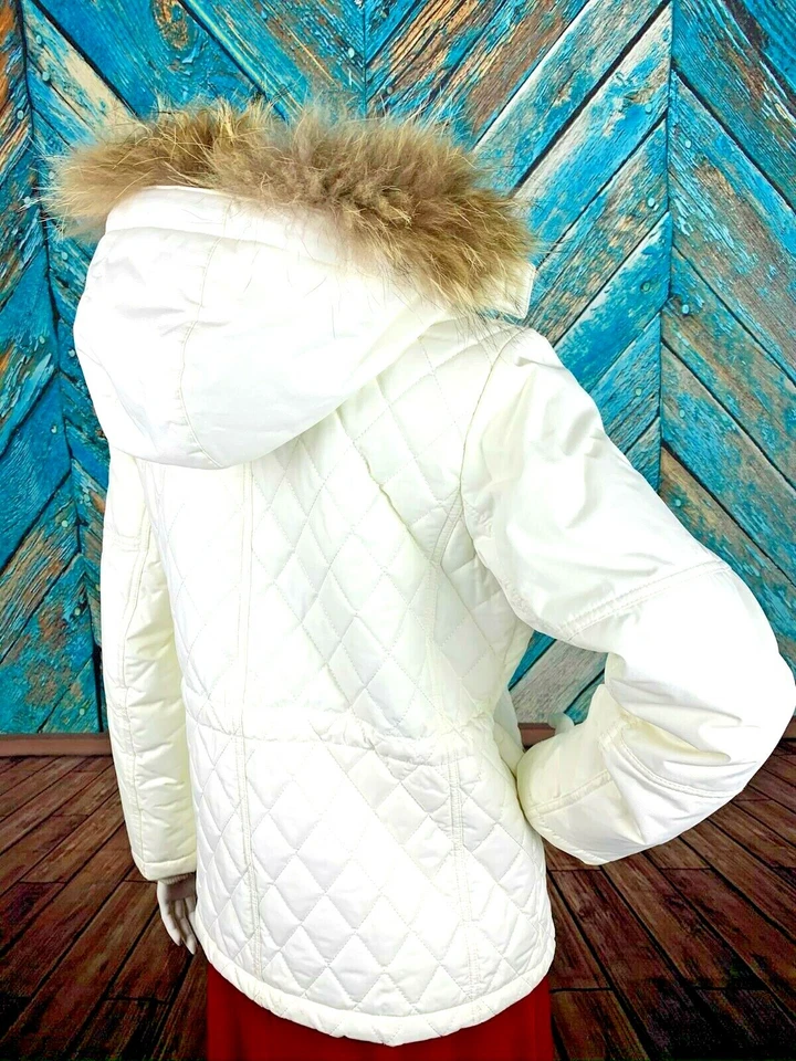 亚瑟士女式滑雪夹克白色和金色珠光拉链可拆卸毛皮装饰帽 — 第 2/4 张图片