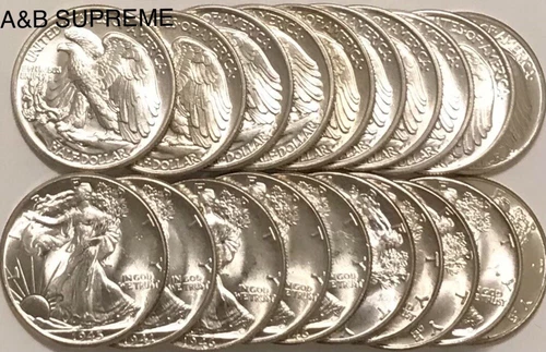 ROLL (20) WALKING LIBERTY HALF DOLLAR “STUNNING GEMS” BU UNCIRCULATED 90% SILVER
