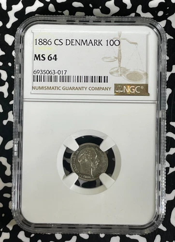1886-CS Denmark 10 Ore NGC MS64 Lot#G300 Silver! Key Date! Choice UNC!