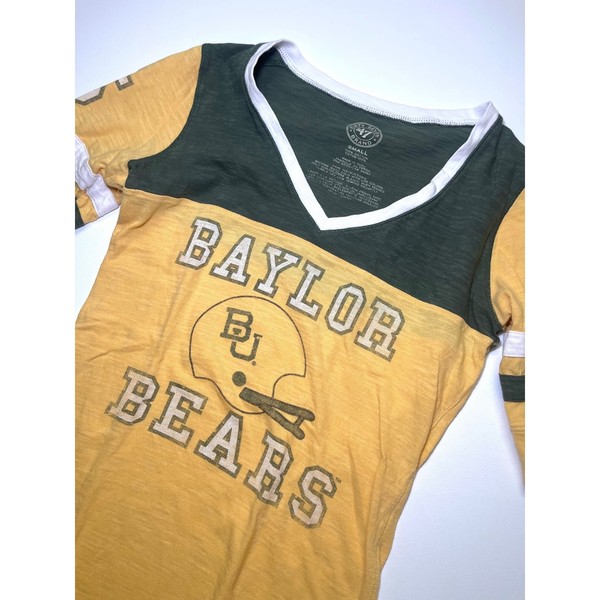 47 Brand Baylor Bears Women Small V-Neck T-Shirt Green Gold College NCAA Vintage