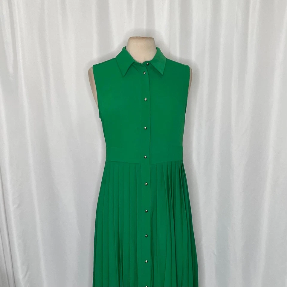 ¡¡NUEVO CON ETIQUETAS!! Vestido Camisa KAREN MILLEN Suave Sastre Plisado Sin Mangas Verde Sólido EE. UU. 8 Foto 3 de 4